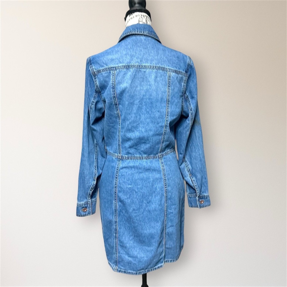 Frye Blue Denim Mini Shirt Dress Long Sleeve Pockets Button Front Western Boho S - Picture 4 of 10